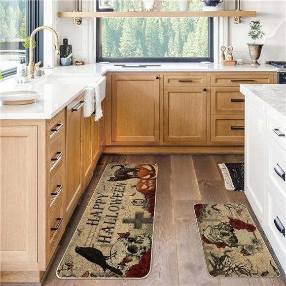 Halloween Kitchen Mat,  Non Skid Washable Set of 2, Skull (17"x29"&17"x47") - Picture 6 of 6